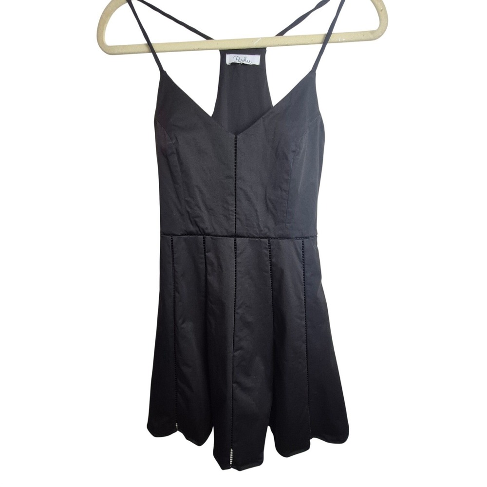 Parker Black V-Neck Racerback Mini Dress Ladder Stitch Trim Fit Flare Sleeveless